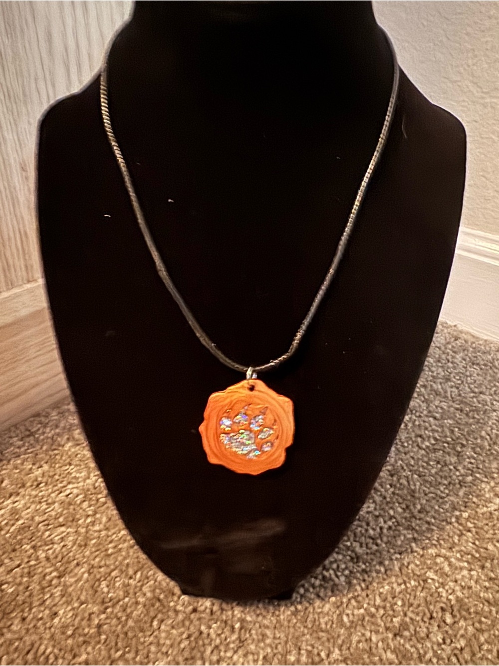 Handmade Orange Pendant Necklace with Iridescent Accent